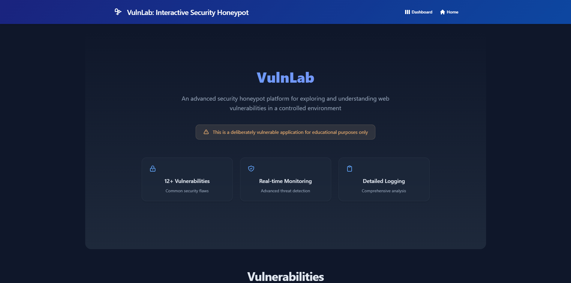 Screenshot of VulnLab Honeypot